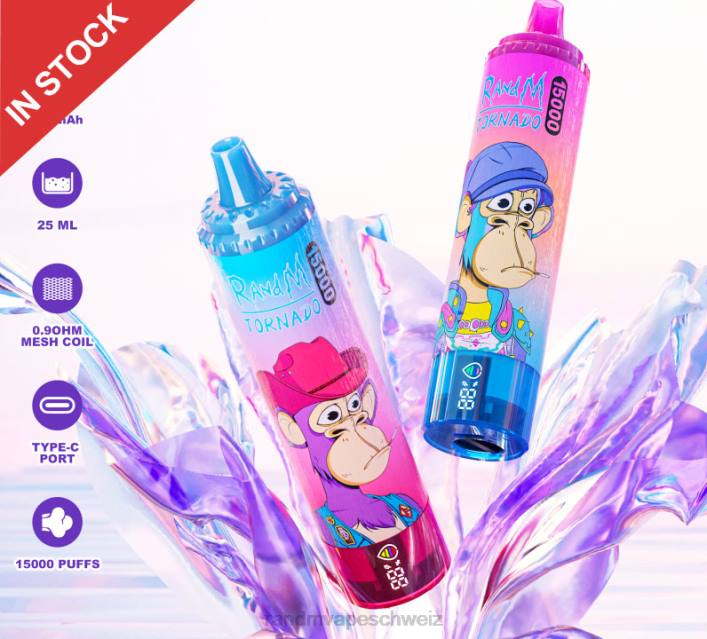 RandM Tornado Schweiz | Fumot RandM Tornado 00P253 15000 Vape-Gerät mit Akku und E-Liquid-Display Version 3 Mango auf Eis